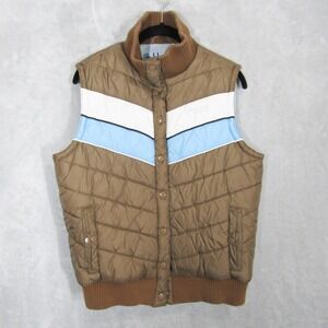 Roxy Puffer Vest Women's Large Y2K Brown White Blue Chevron Quilted Zip Snap